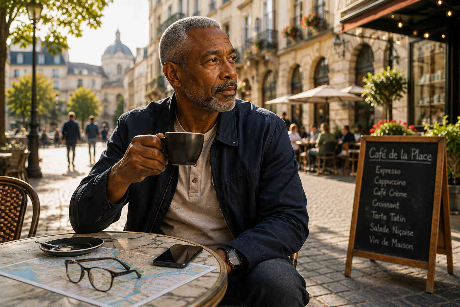 Older divorced man enjoying coffee alone at an outdoor café in a new city