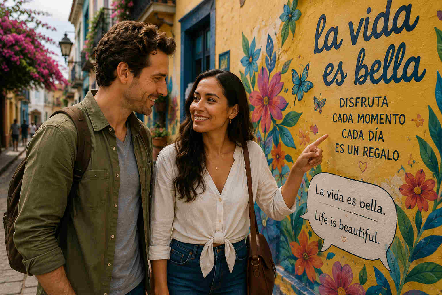 A Colombian woman explains a Spanish phrase on a colorful mural to an American man in a historic Colombian street
