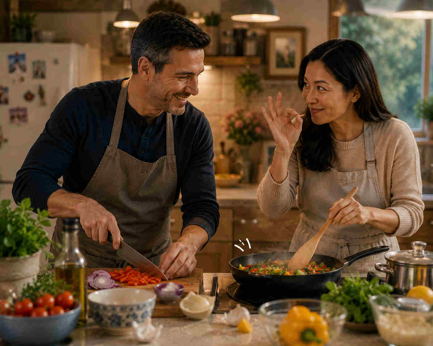 Couple cooking together and communicating through smiles eye contact and hand gestures