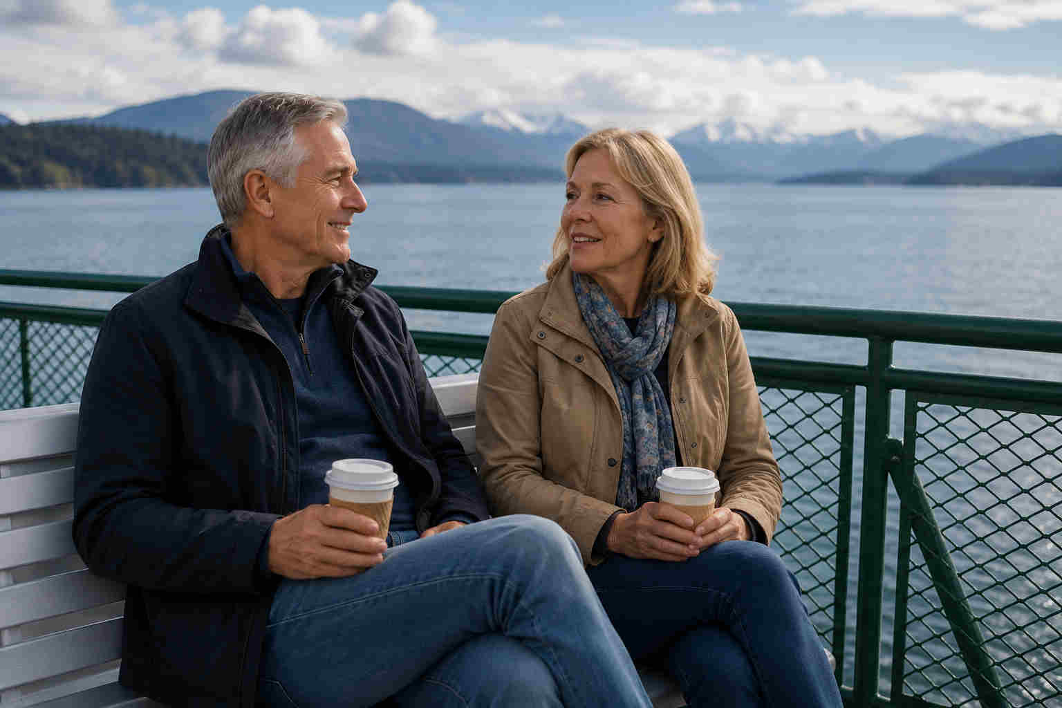 Older couple on a scenic ferry enjoying coffee and conversation after divorce