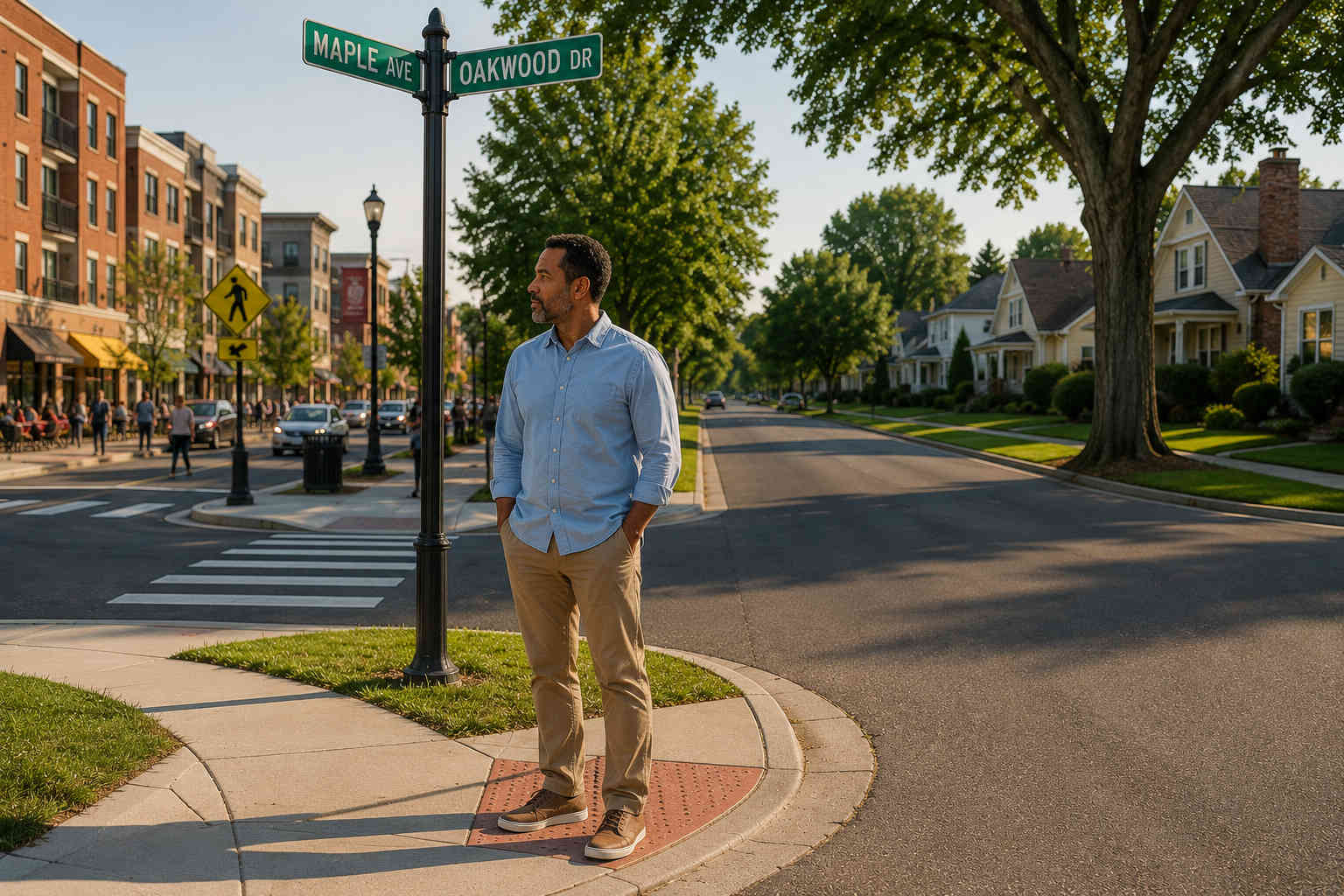 Man standing at an intersection comparing a lively mixed-use neighborhood with a quieter residential street