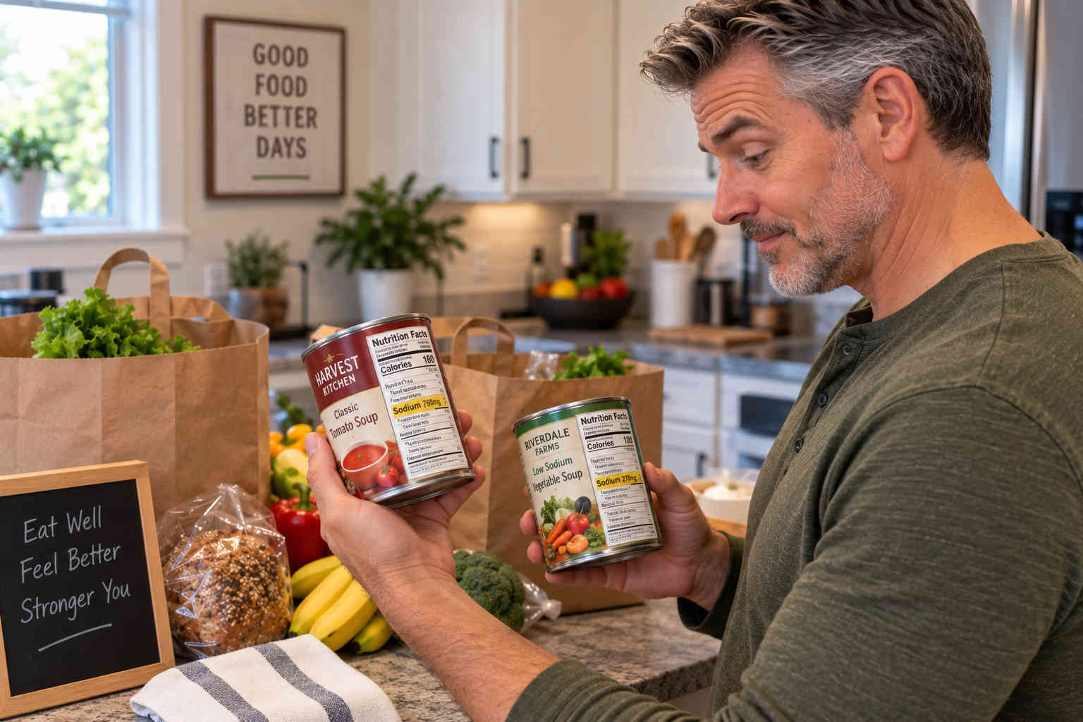 Man comparing sodium amounts on two generic soup labels while unpacking groceries