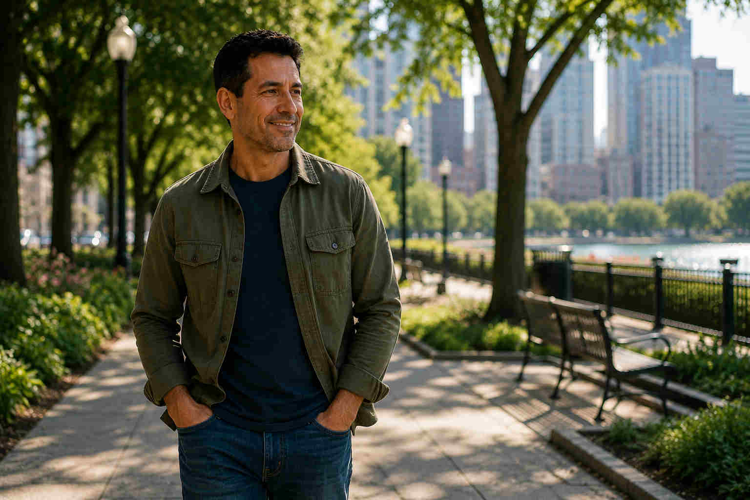 Man walking confidently through a downtown park with his phone in his pocket