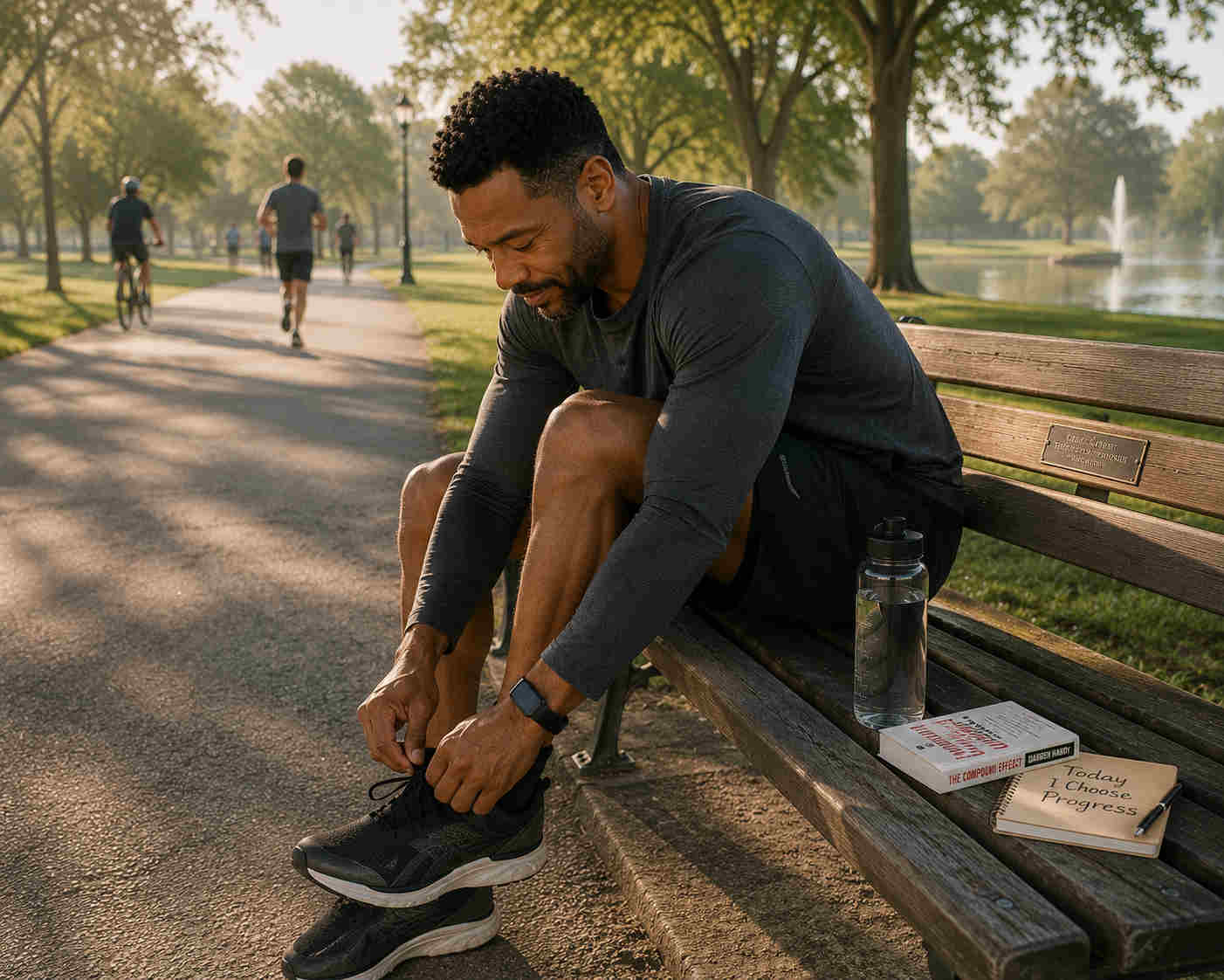 A man sitting on a park bench tying his running shoes before starting his morning