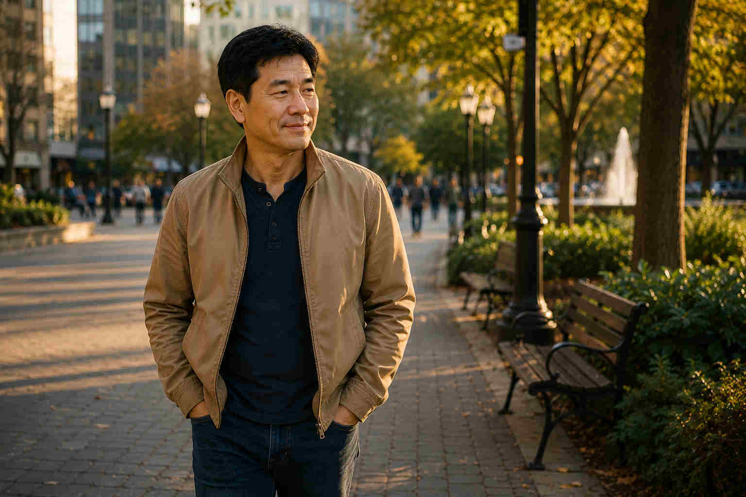 Asian man walking calmly and confidently through a downtown park