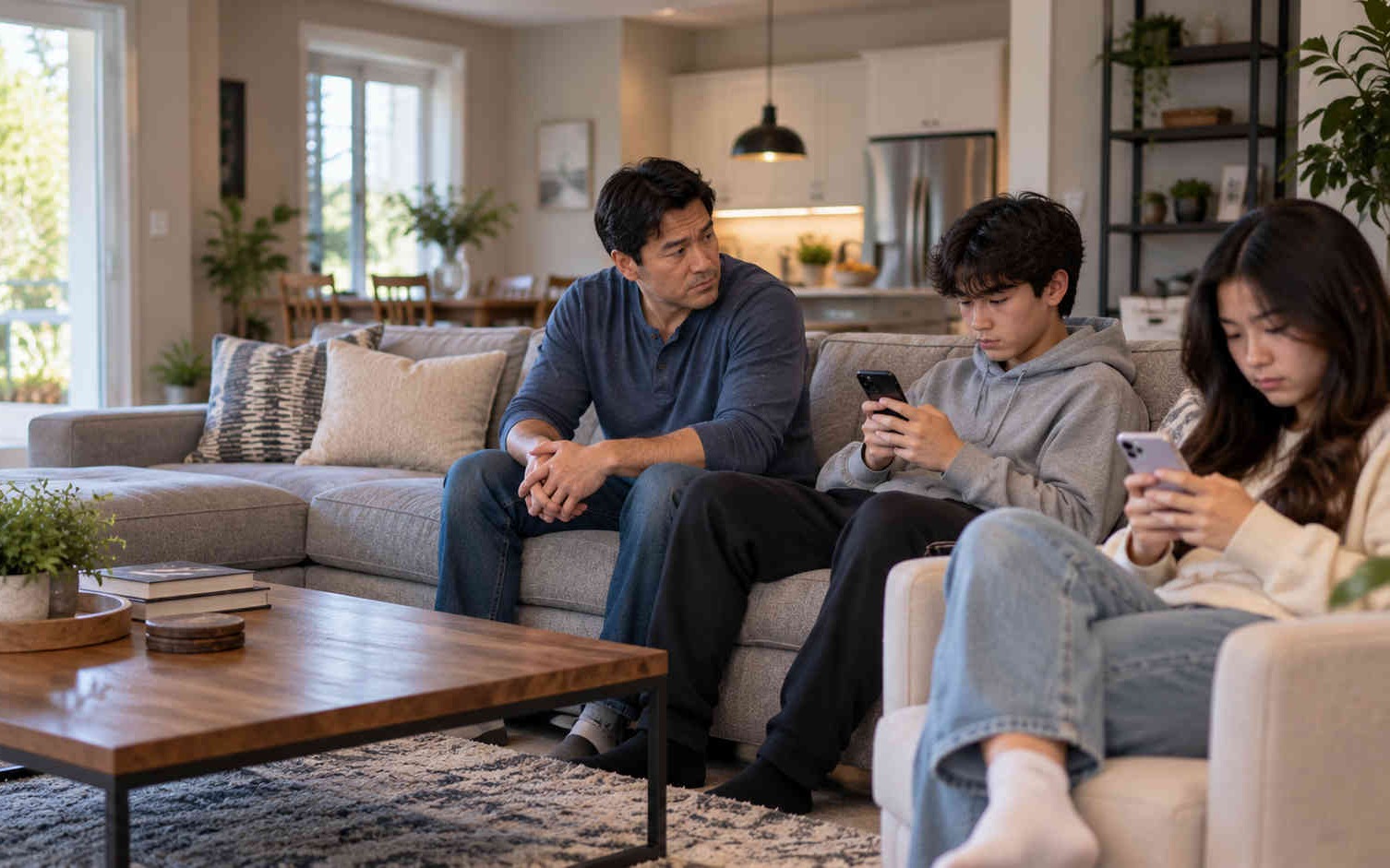 A father sits between his teenage son and daughter while both children look at their phones, illustrating the challenge of staying connected with kids in a phone-focused world