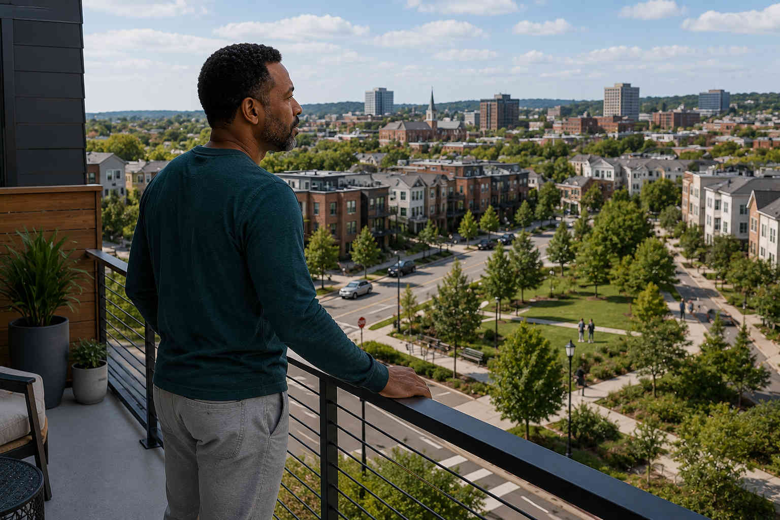 Man looking from a balcony over a different residential neighborhood and city skyline while considering a fresh start after divorce