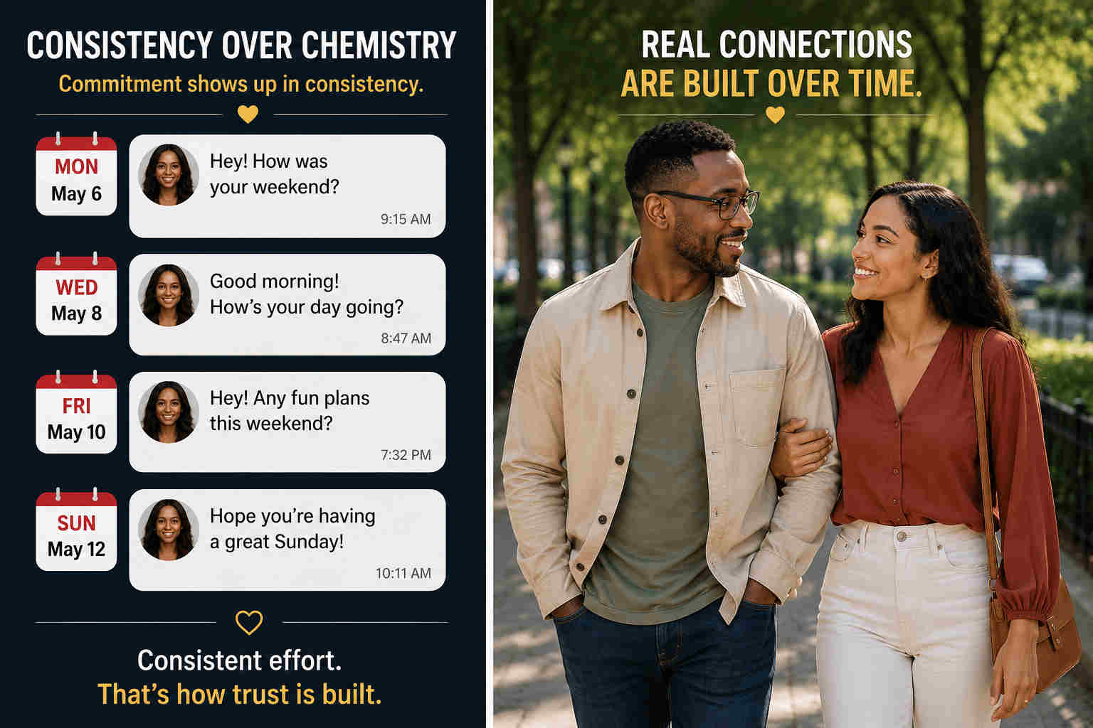 Consistent dating messages over several days beside a couple walking together