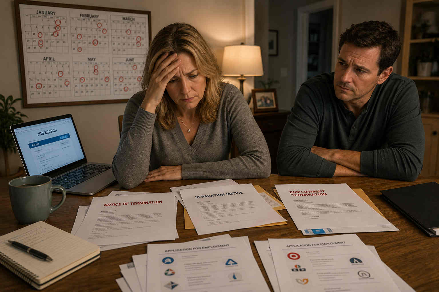 Couple sitting at a table with repeated termination notices and job applications
