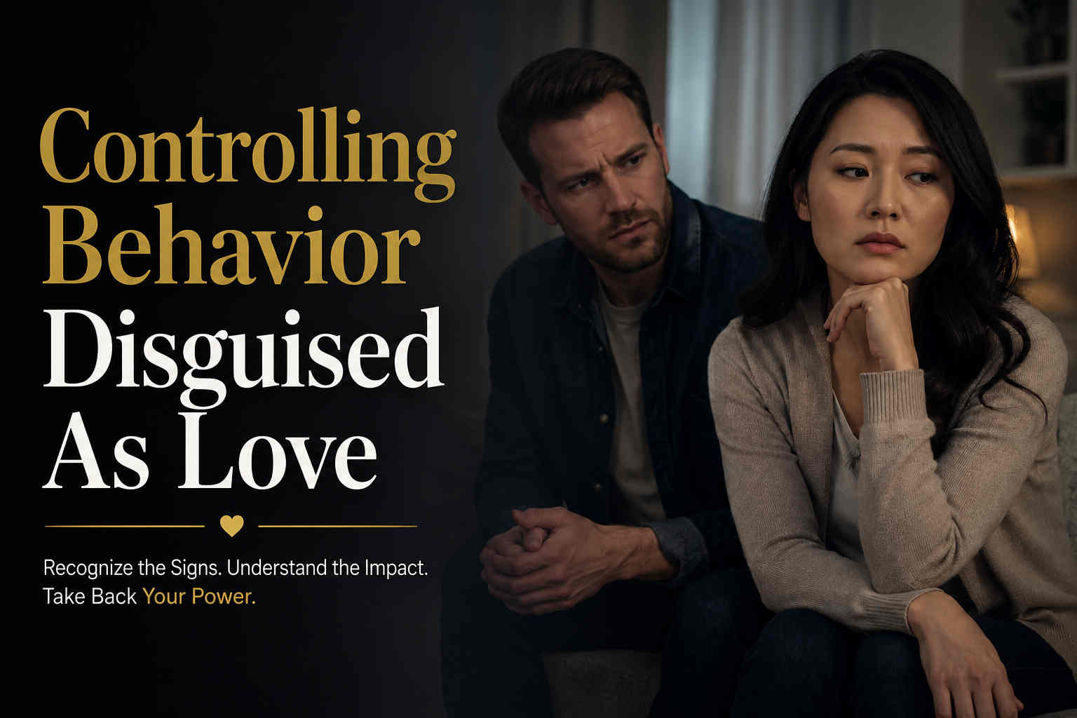 A couple sitting apart in a dark cinematic living room showing emotional tension and relationship control warning signs