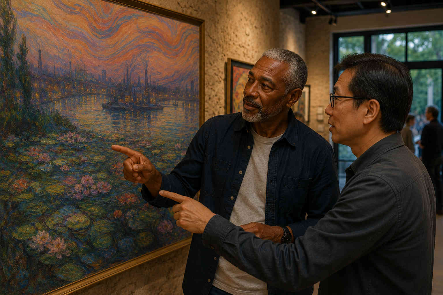 Divorced traveler discussing a painting with a friendly Chinese man in an art gallery