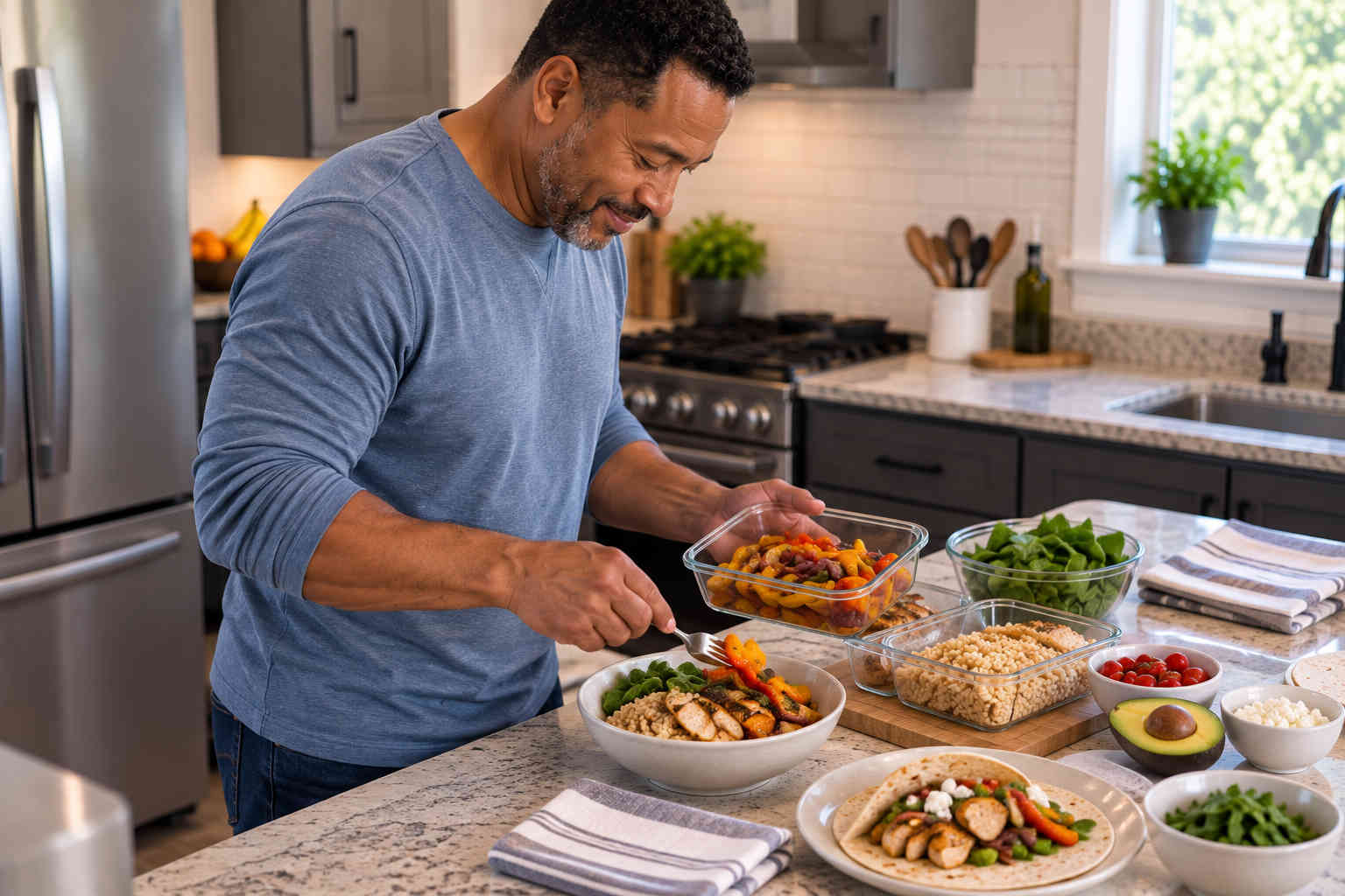 Man turning prepared chicken, rice, and roasted vegetables into several different healthy meals