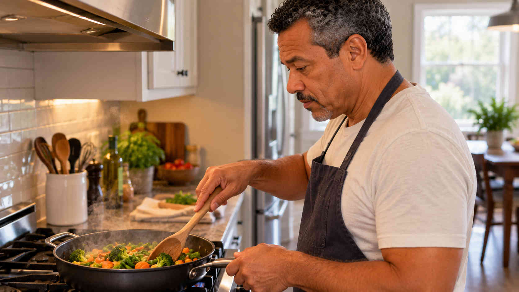 Man cooking broccoli, carrots, and green beans in a skillet on the stove