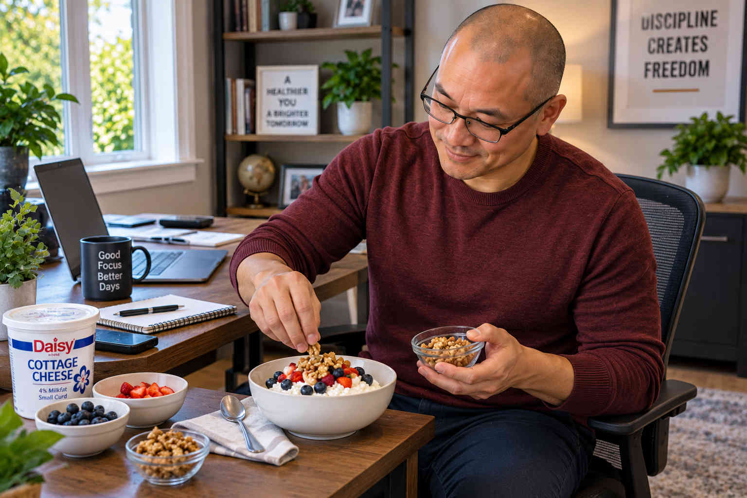 Man adding walnuts and berries to a bowl of cottage cheese during an afternoon work break