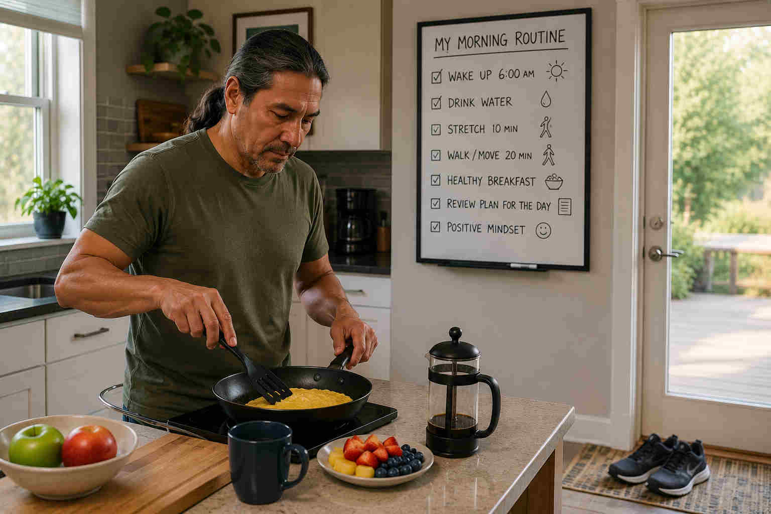 Divorced man preparing eggs, fruit, and coffee while following a structured morning routine