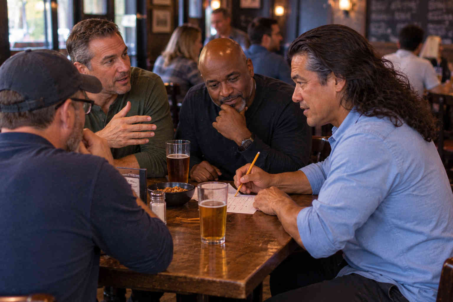 Man participating with friends in a recurring neighborhood trivia night