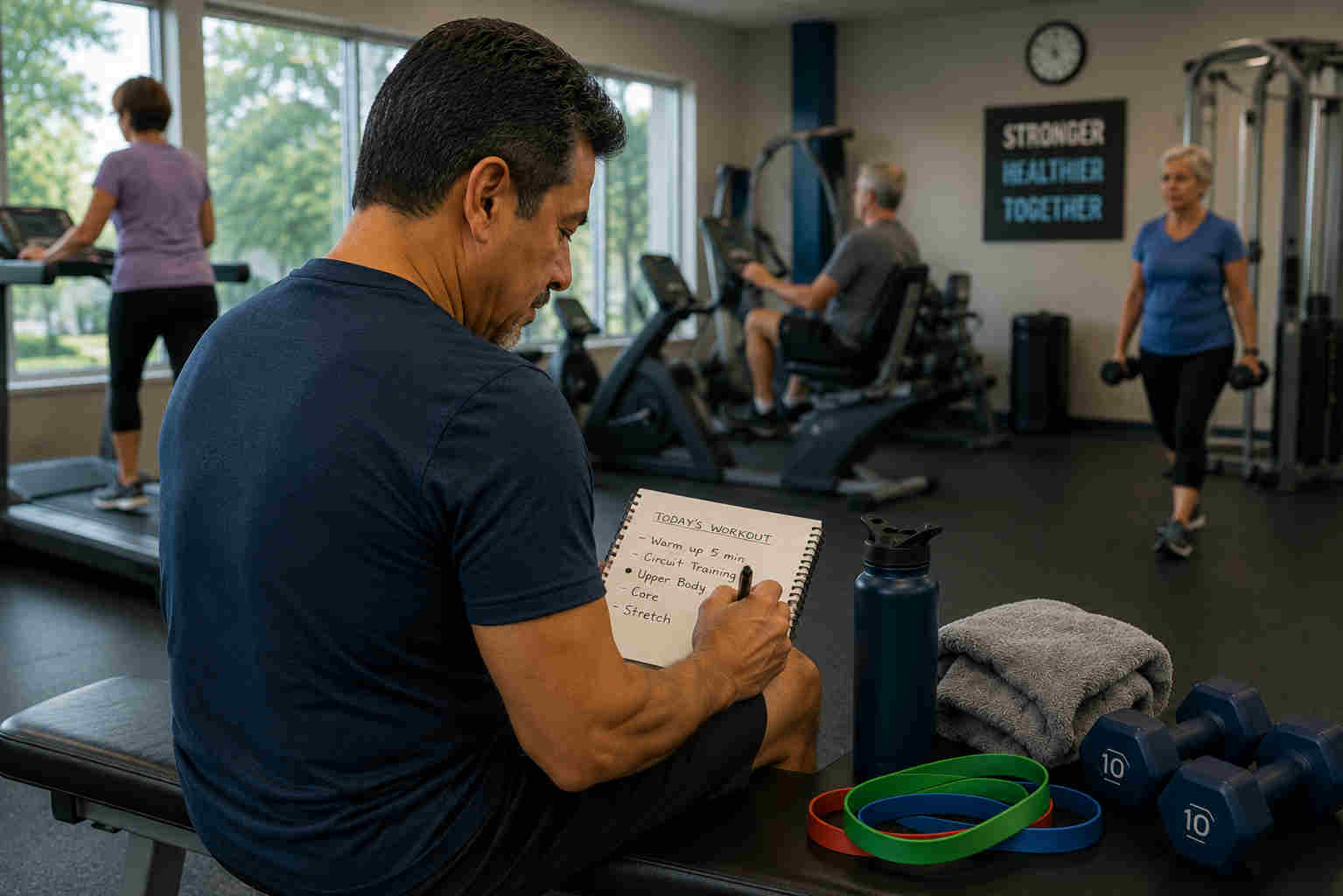 A Latino man writes his planned workout in a notebook at a neighborhood recreation center beside a water bottle, towel, resistance bands, and light dumbbells