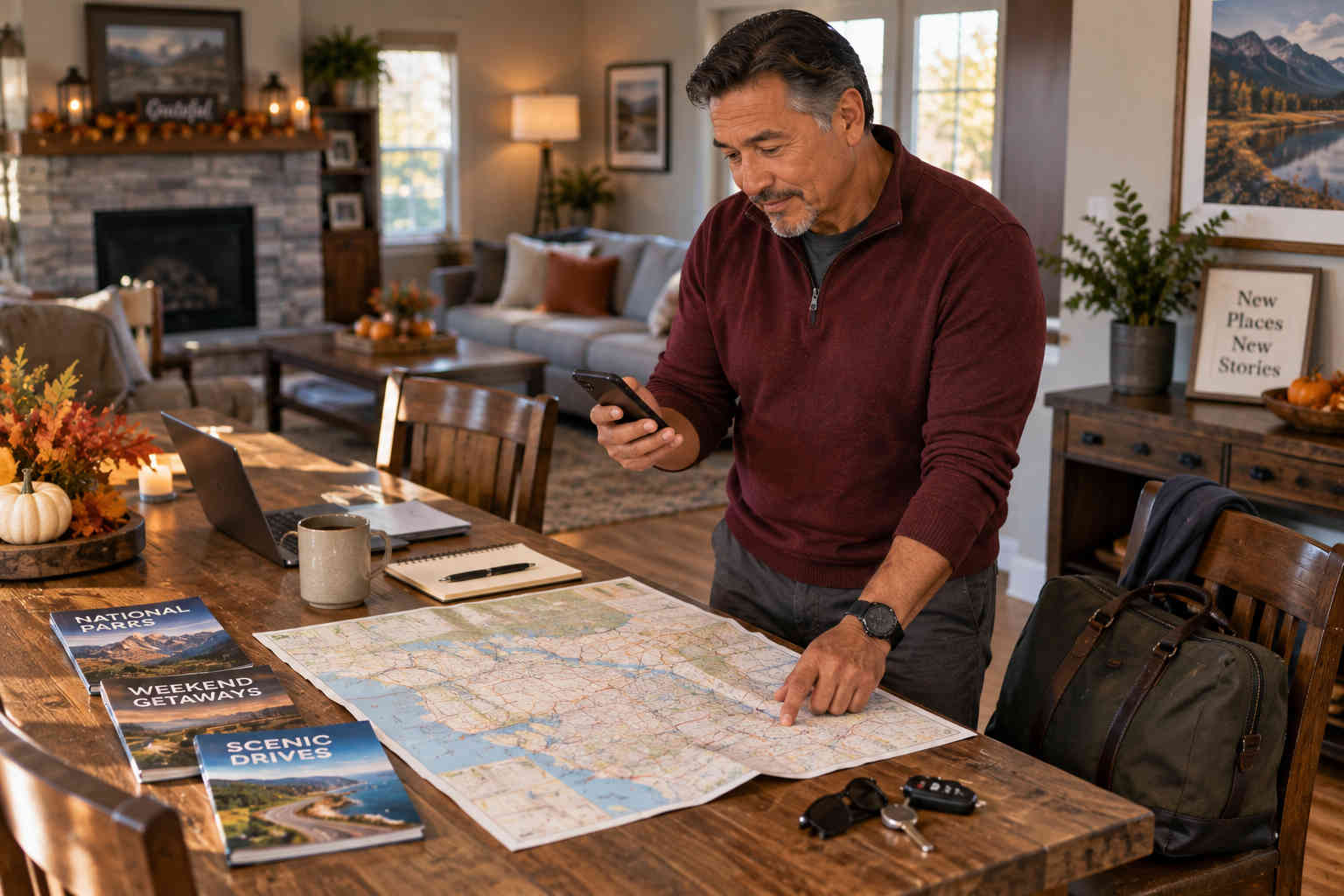Divorced man at home planning a road trip and creating new traditions after divorce