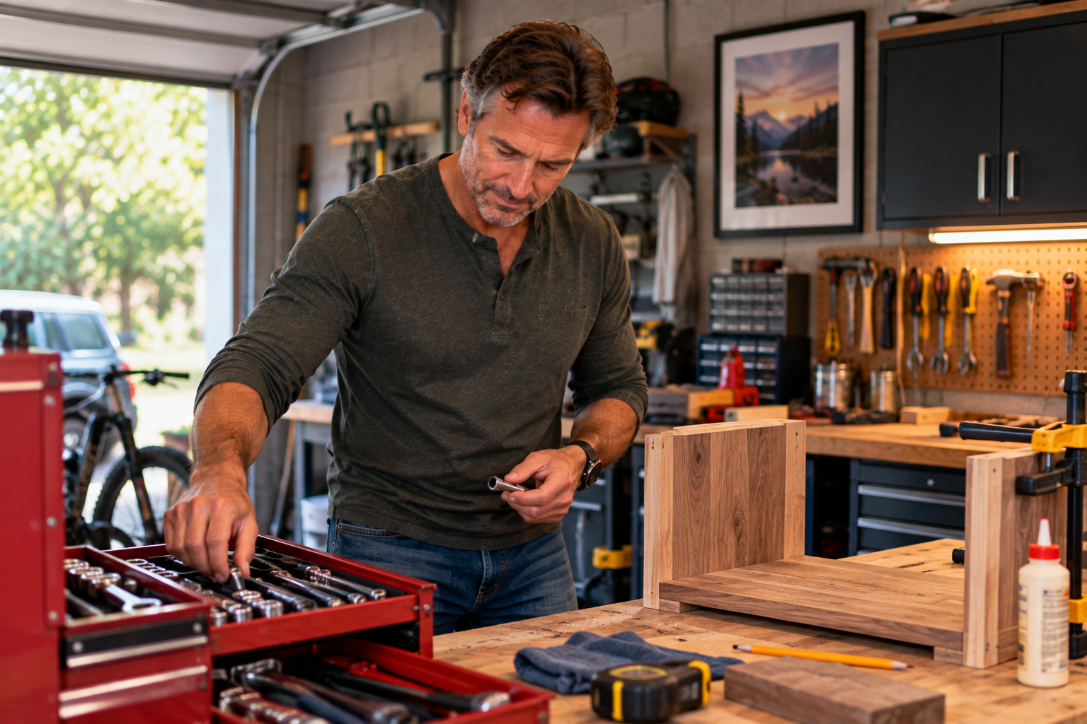Man organizing tools at a garage workbench beside a woodworking project