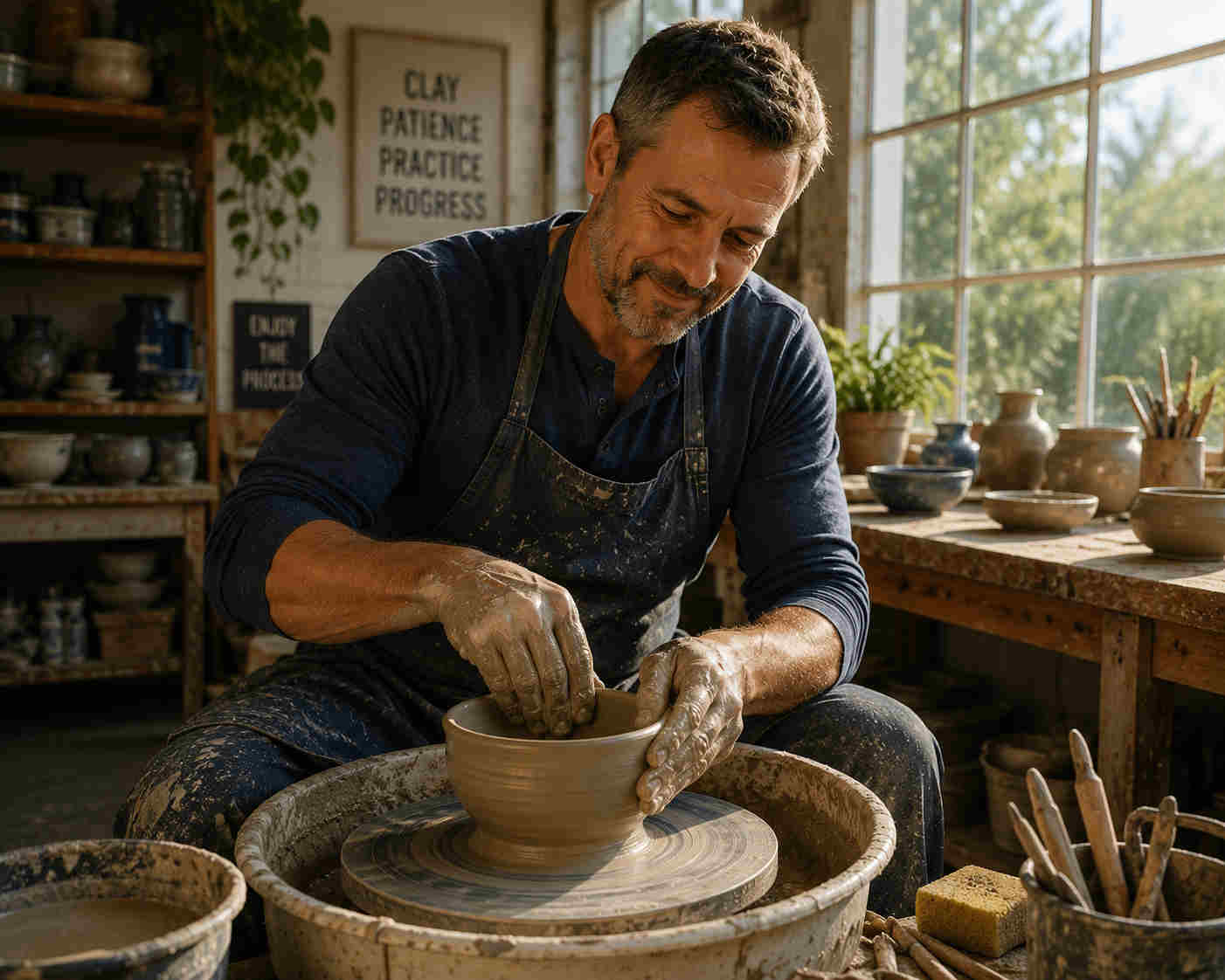 Man shaping a clay bowl on a pottery wheel as a metaphor for rebuilding confidence gradually