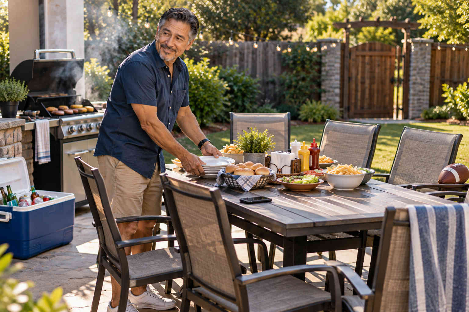 Divorced man preparing a backyard cookout table before friends arrive