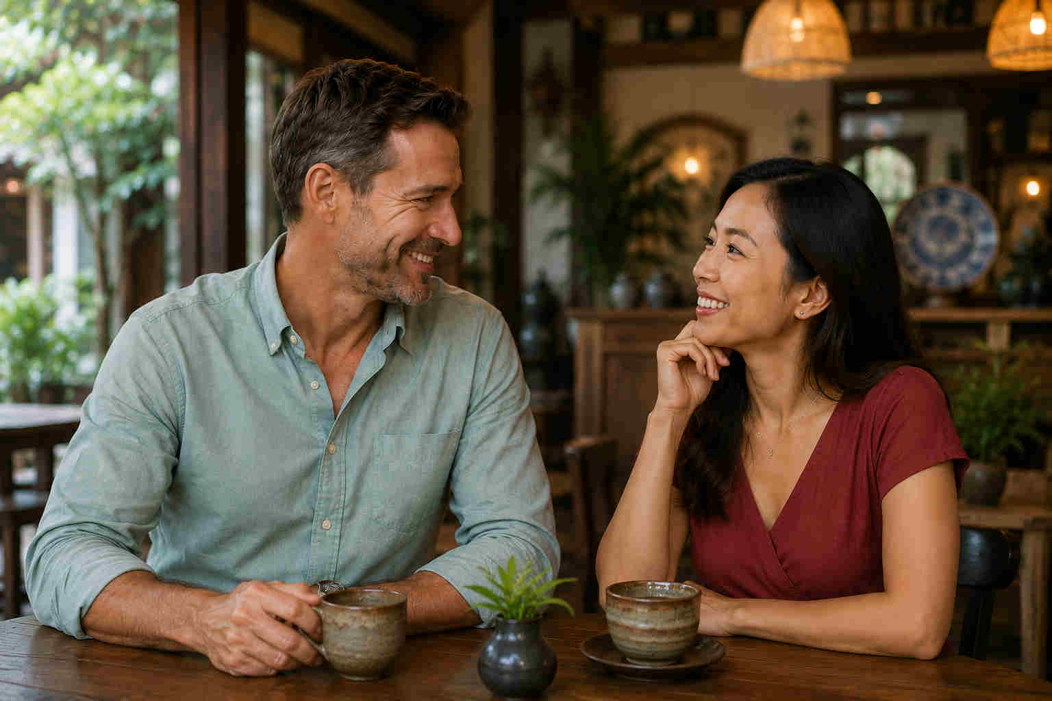 American man and foreign woman having tea together in a local cultural setting