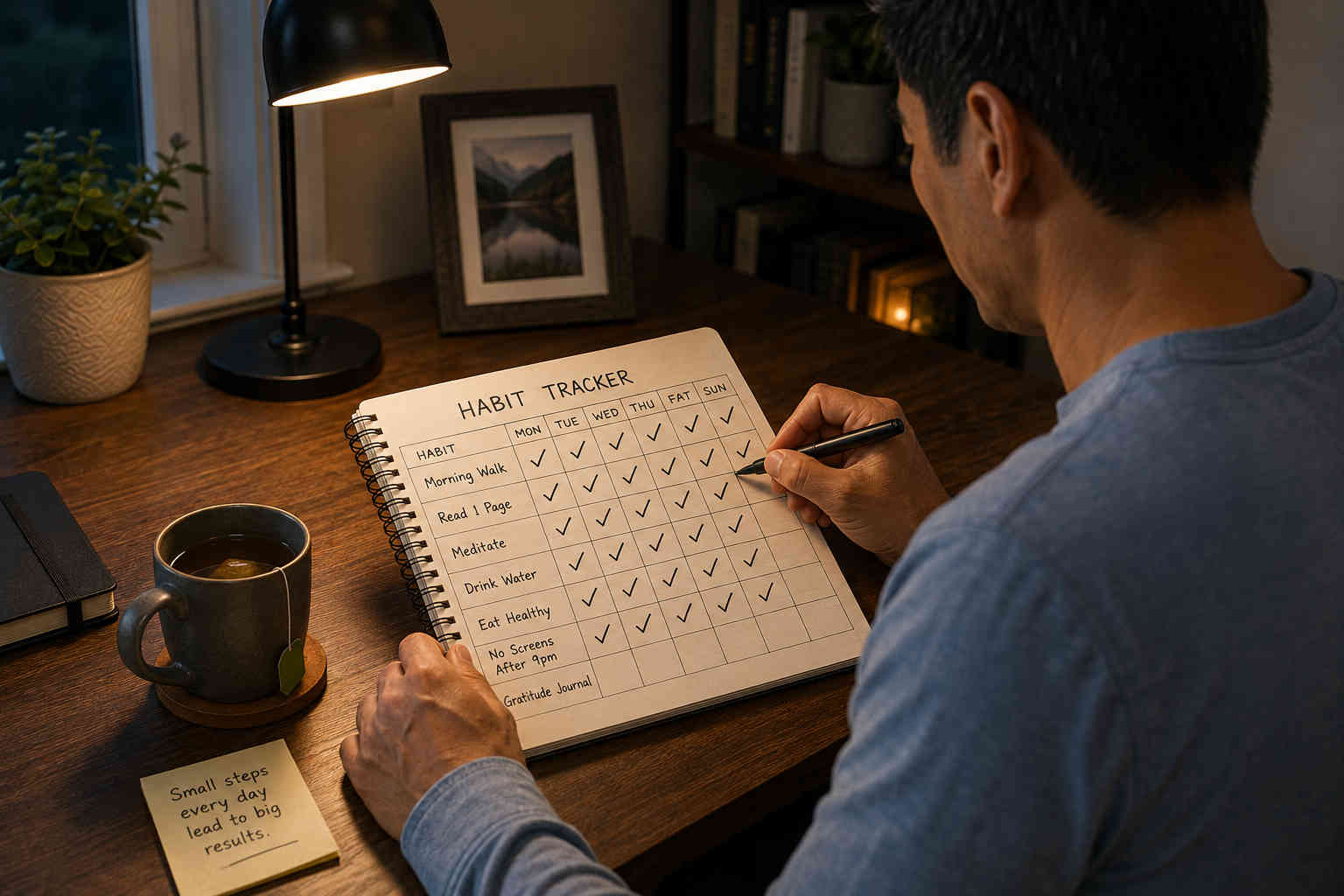 Over-the-shoulder view of a man correctly marking today's habit on a written habit tracker