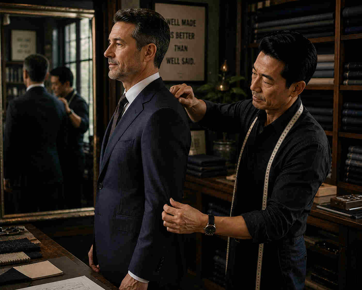 Asian tailor carefully adjusting the shoulders and sleeve of a customer's finished custom suit