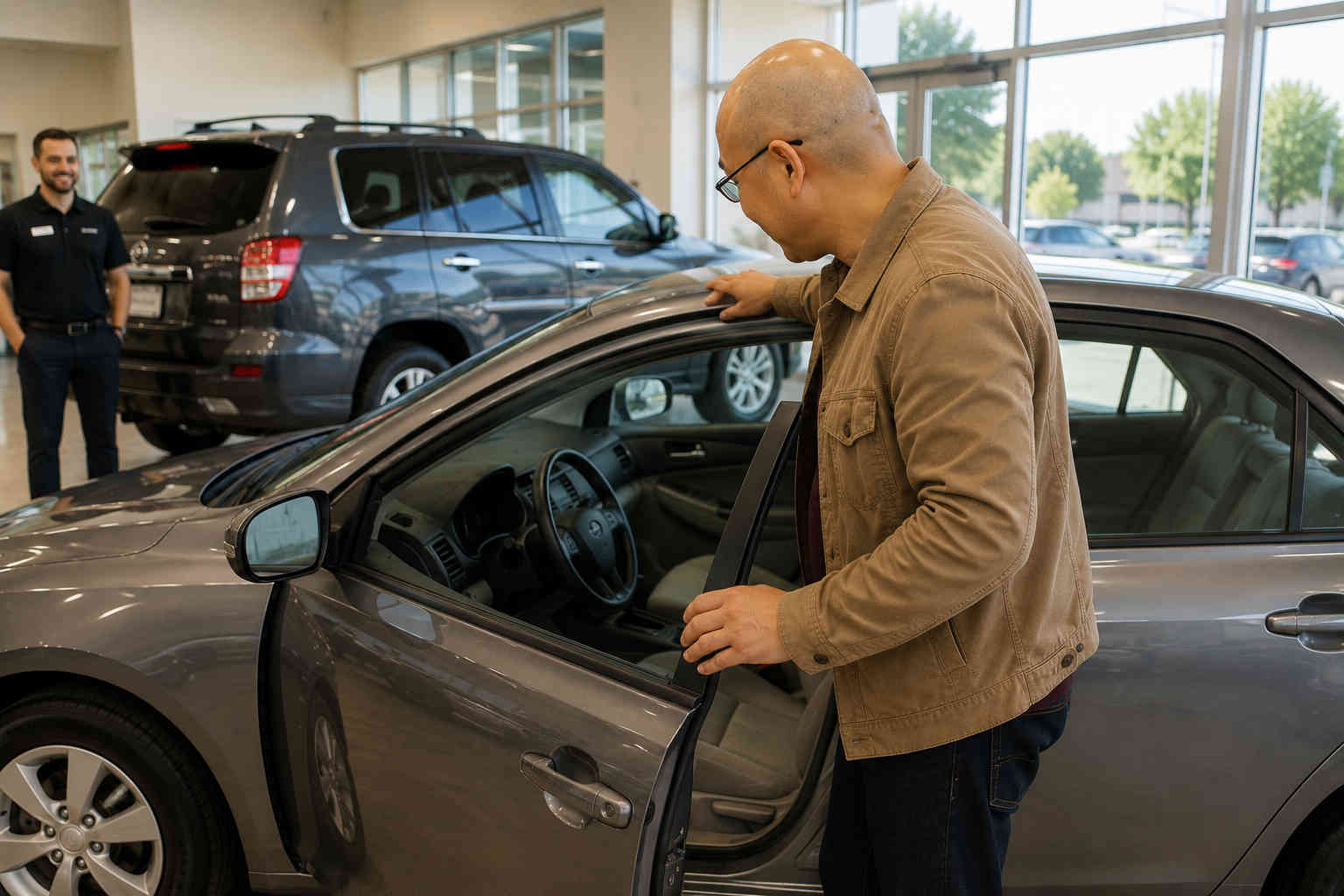 Bald Asian man with glasses considering a practical used sedan while a larger SUV sits in the background