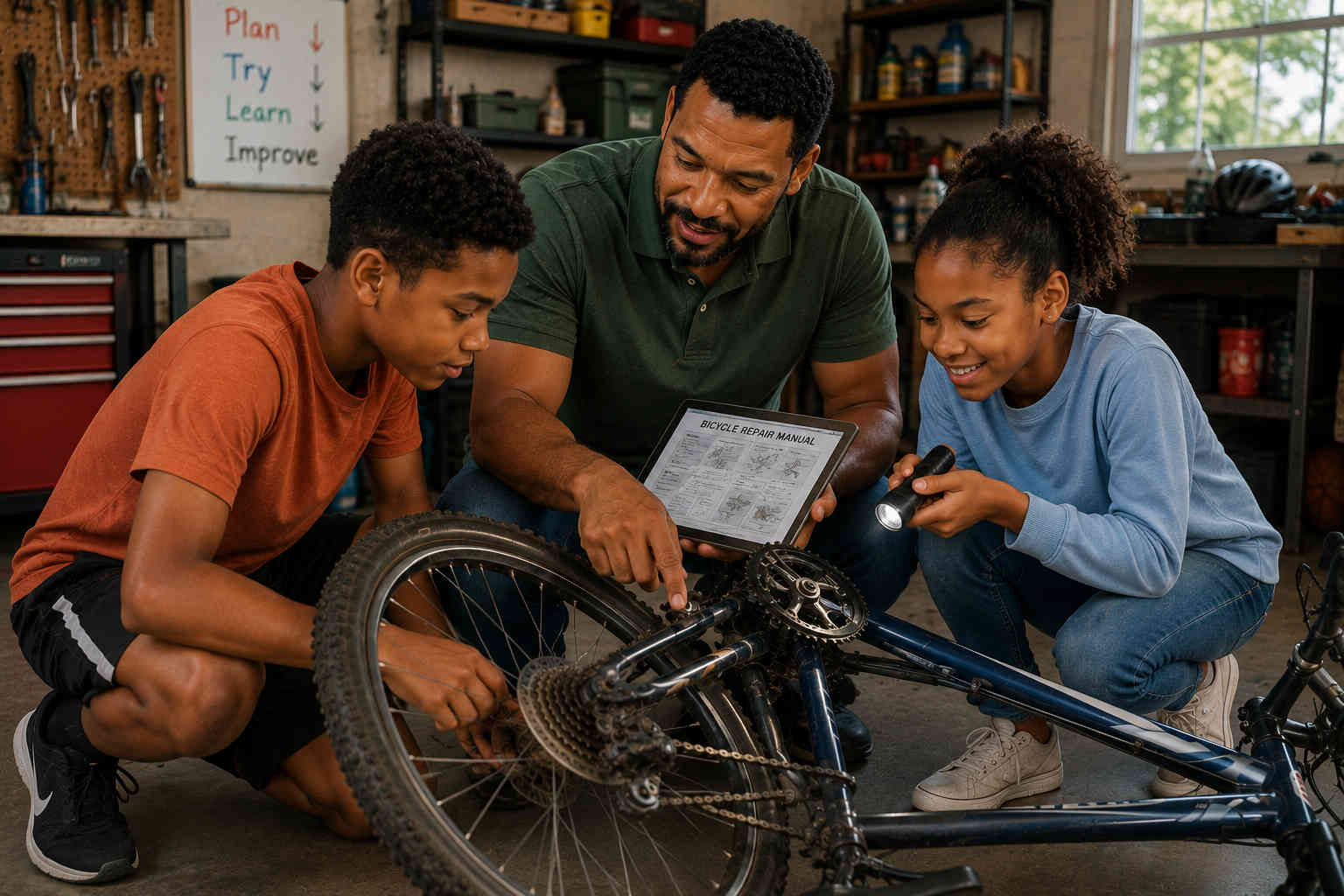 Father and children studying a bicycle repair manual together while examining a broken chain and rear wheel