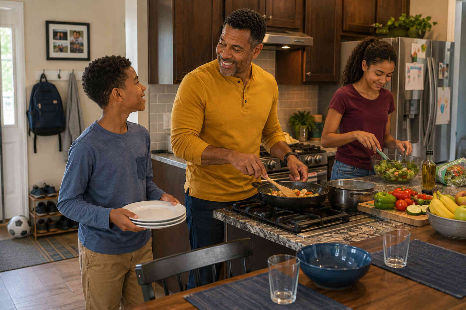 Father cooking dinner with his son and teenage daughter in his kitchen during parenting time