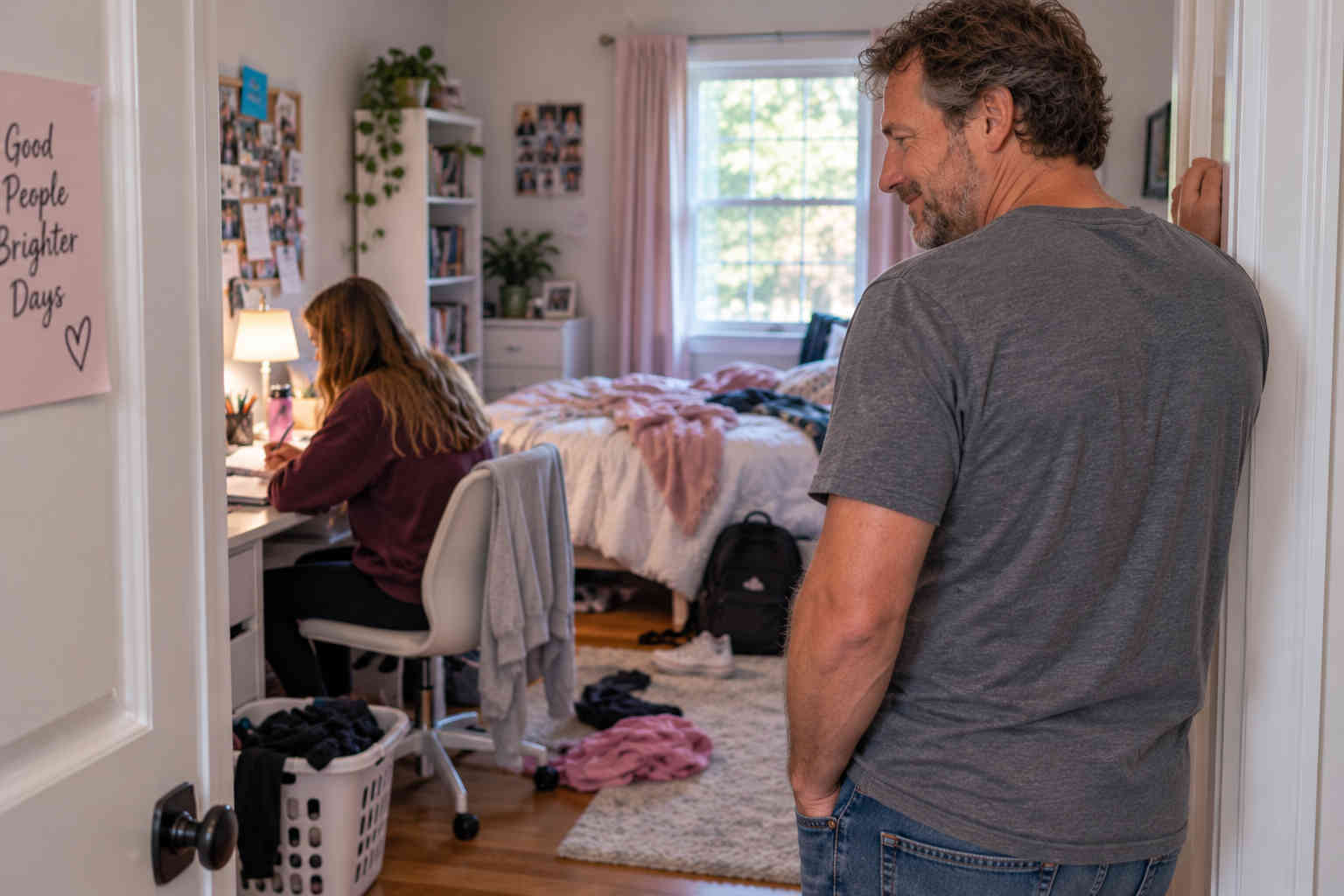 Father calmly standing in the doorway of his daughter's slightly messy bedroom while she works at her desk