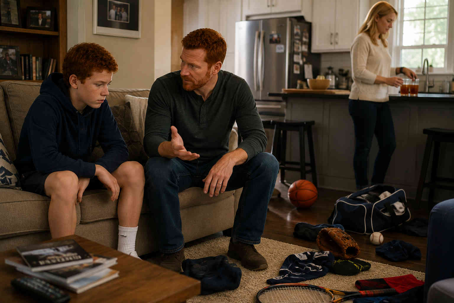 Father calmly addressing his teenage son about sports gear left around the family room while his girlfriend stays out of the discipline conversation