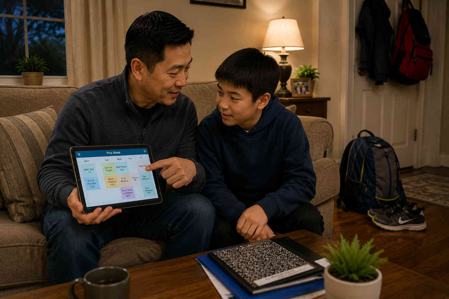 Chinese father reviewing the coming school week on a tablet with his son on Sunday evening