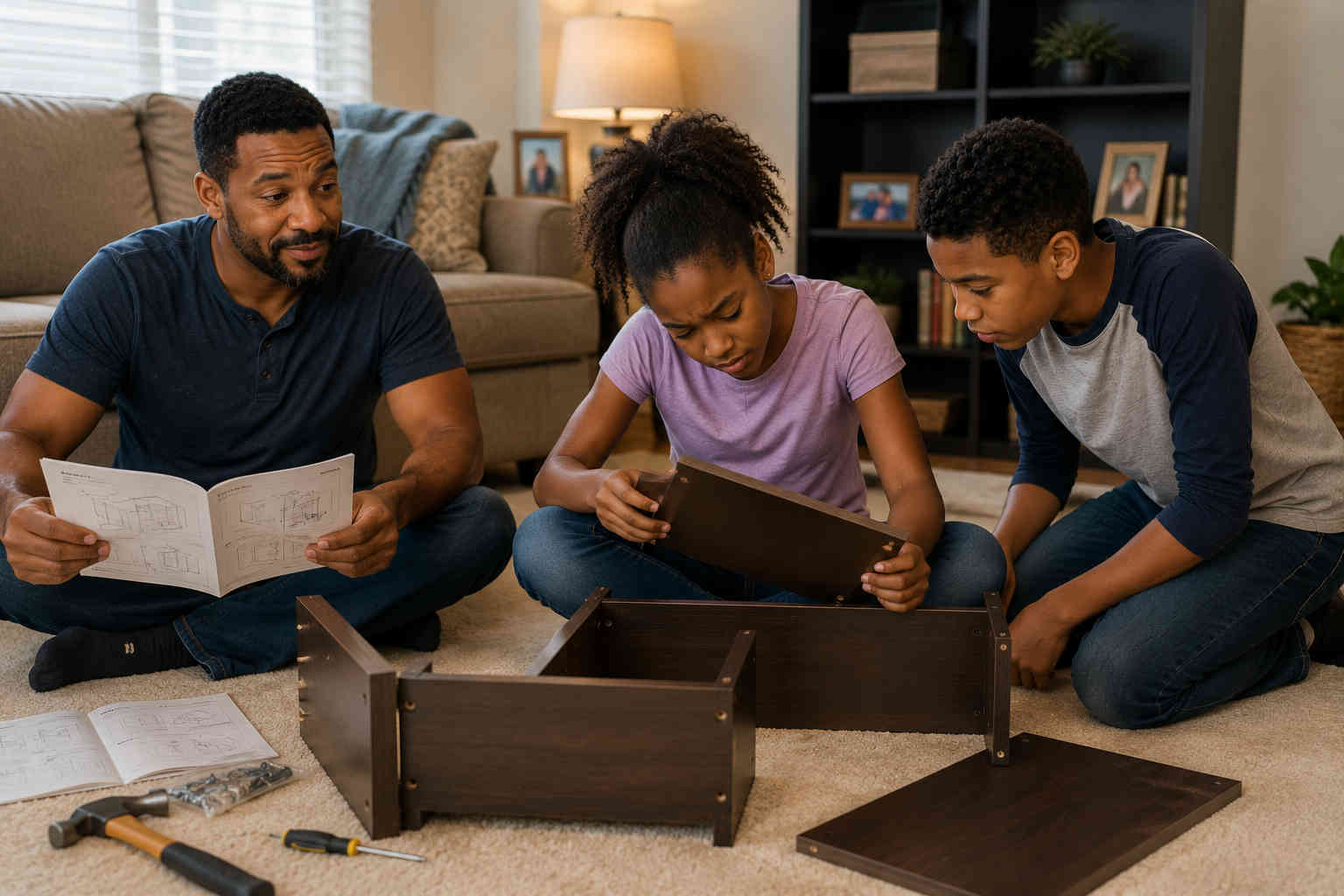 Father watching encouragingly while his daughter studies a bookshelf piece she installed backward and her brother examines the project