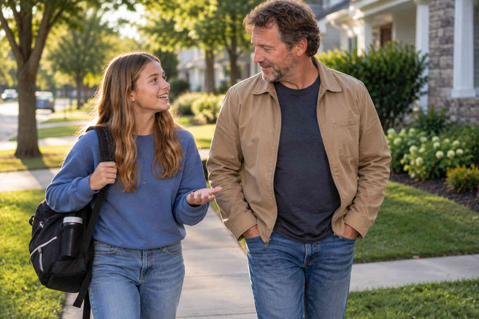 Father walking beside his daughter and listening as she talks after returning from her mother's house