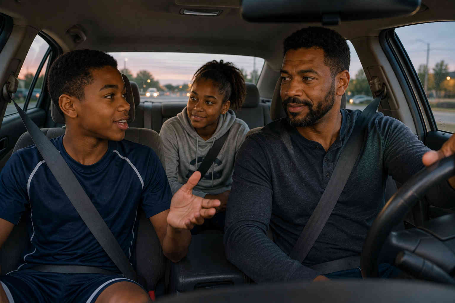 Father driving at dusk while listening to his son talk after sports practice as his daughter sits in the back seat