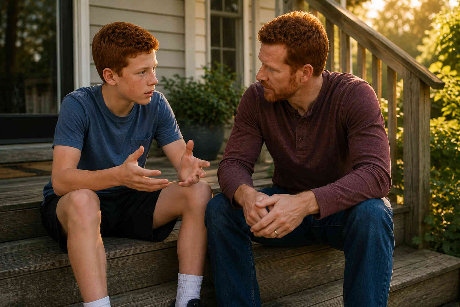 Red-haired teenage son explaining a concern to his father on the back steps while Dad listens seriously and attentively