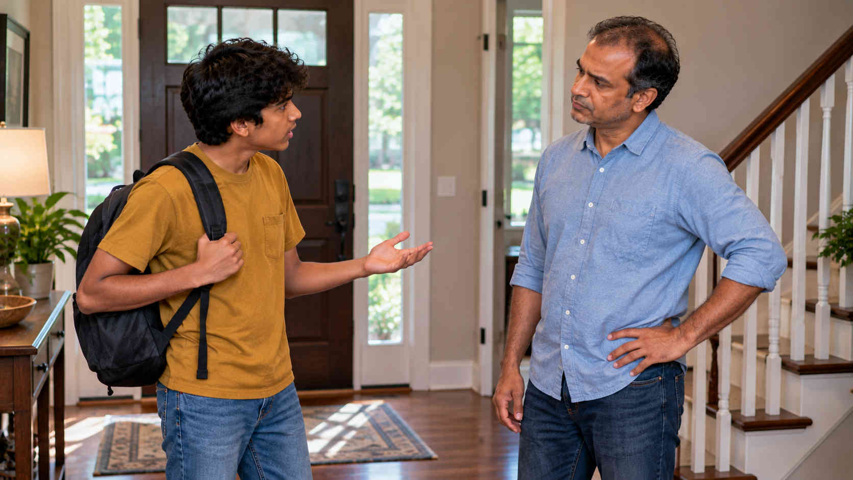 Father calmly maintaining a house rule while his teenage son responds