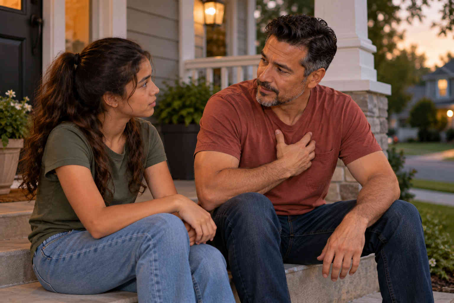 Father sincerely apologizing to his daughter during a calm conversation on the front porch