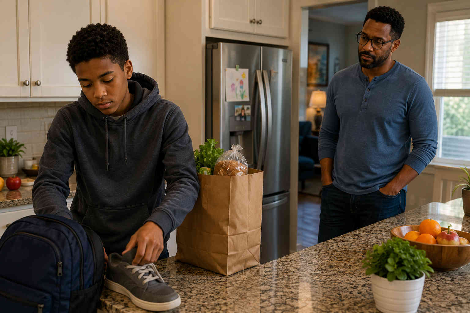 African American father noticing that his son is unusually quiet while the boy puts away his things in the kitchen