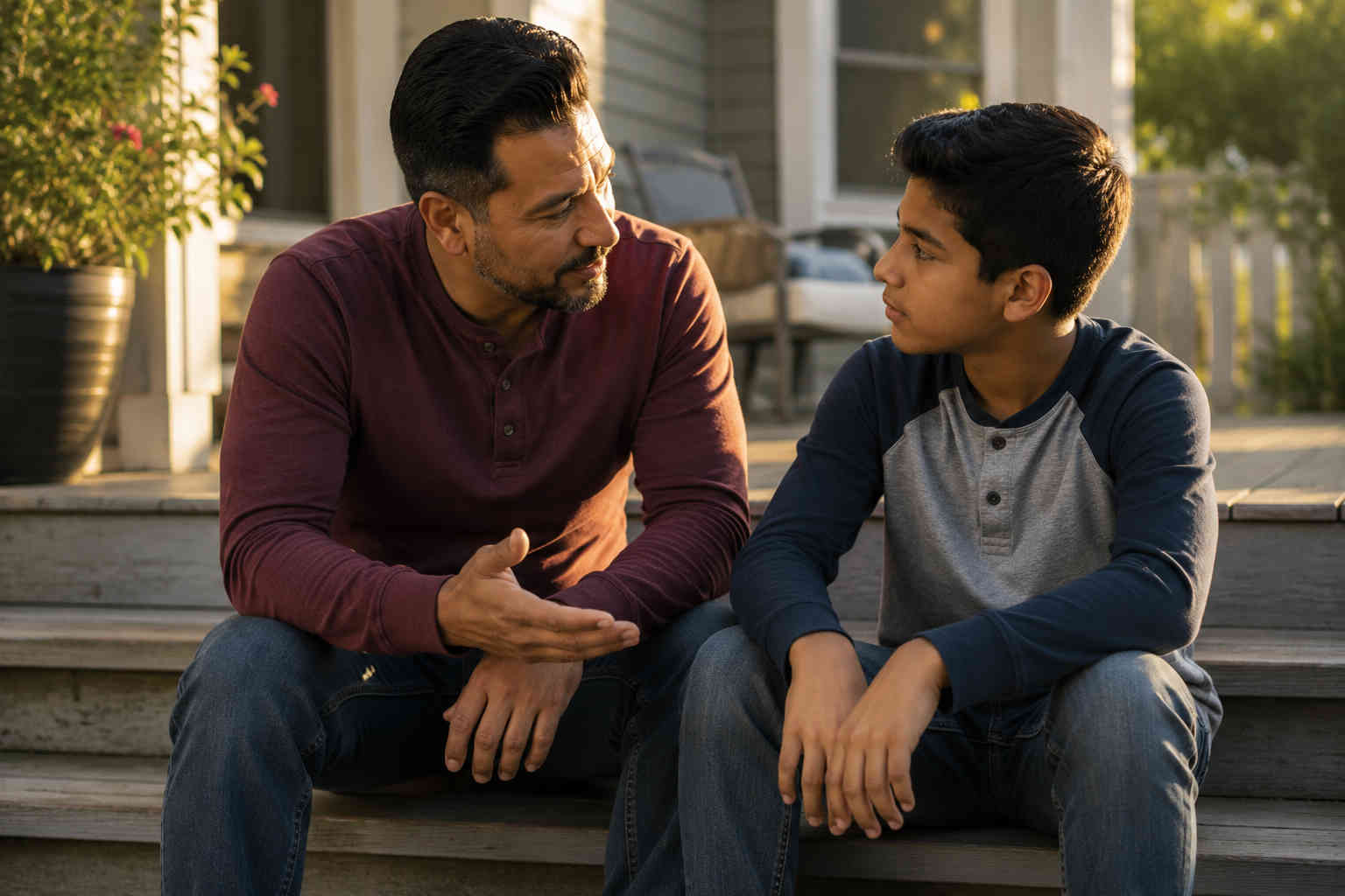 Father sincerely apologizing to his son during a calm conversation on the back steps in late-afternoon light