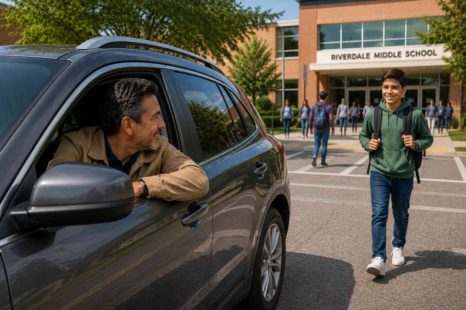 Father leaning through his car window and smiling as his teenage son walks toward him after school