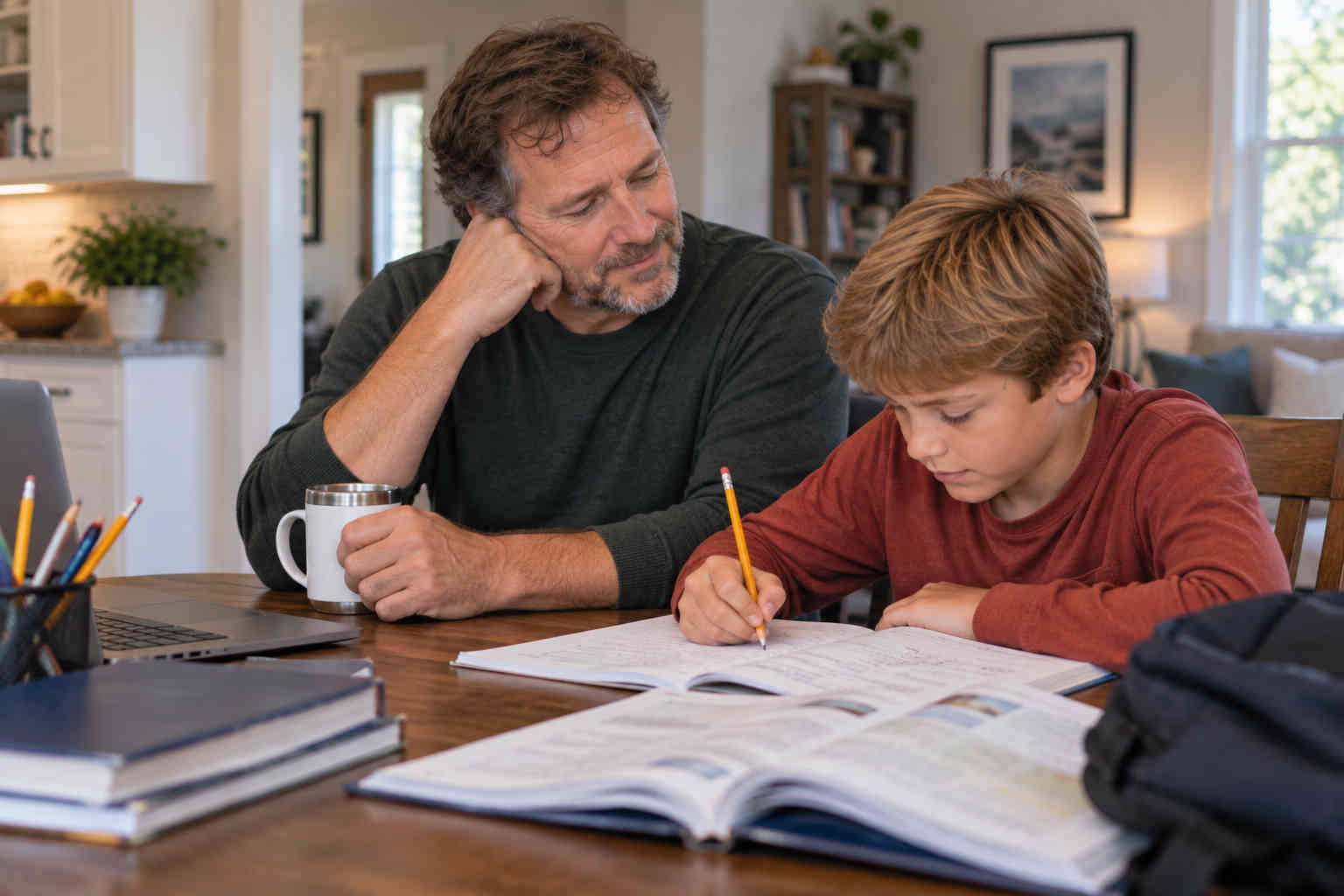 Father sitting beside his son while the boy completes homework at the dining table