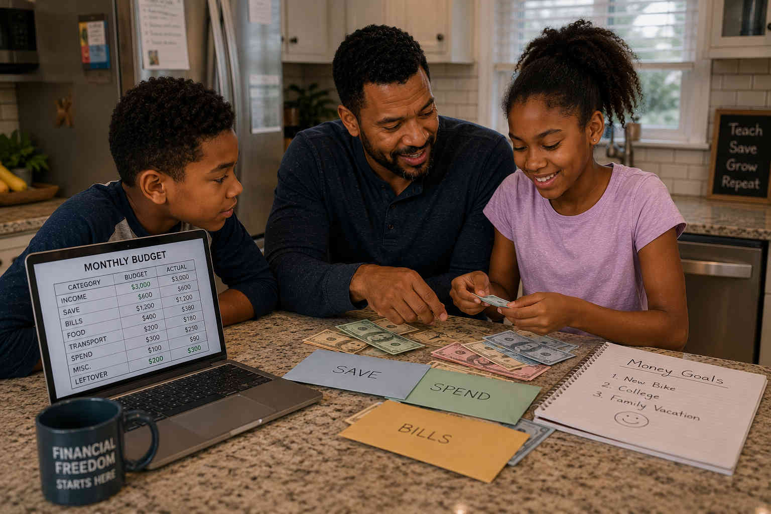 Father teaching his daughter how to divide money among save, spend, and bills envelopes while her brother watches