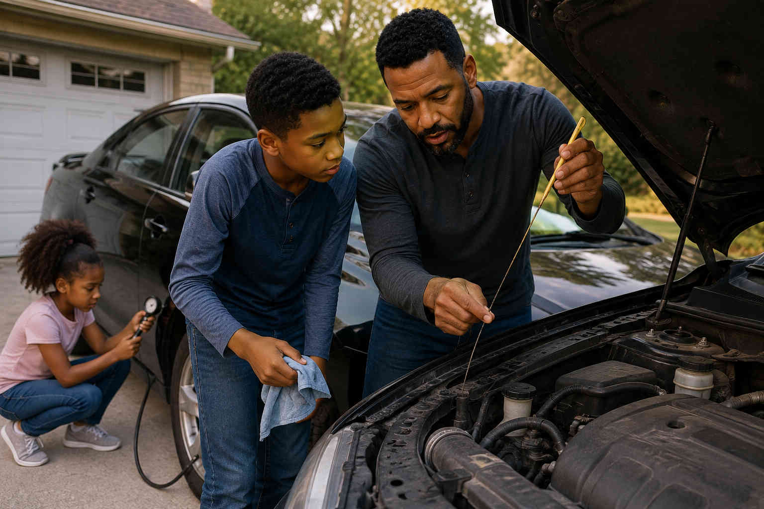 Father showing his son how to check the oil while his daughter checks tire pressure in the driveway