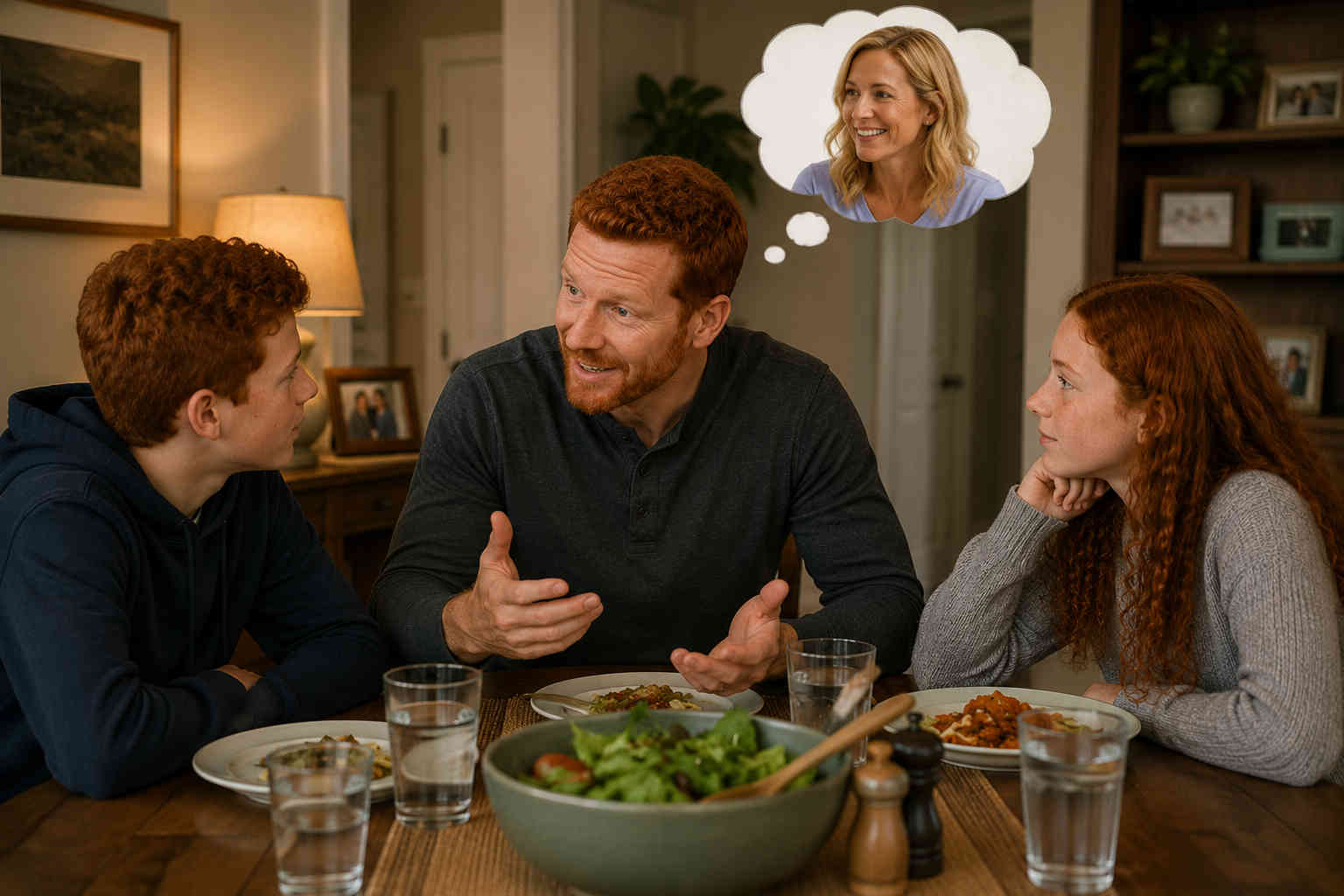 Red-haired divorced father talking calmly with his teenage son and daughter at home before introducing his new girlfriend