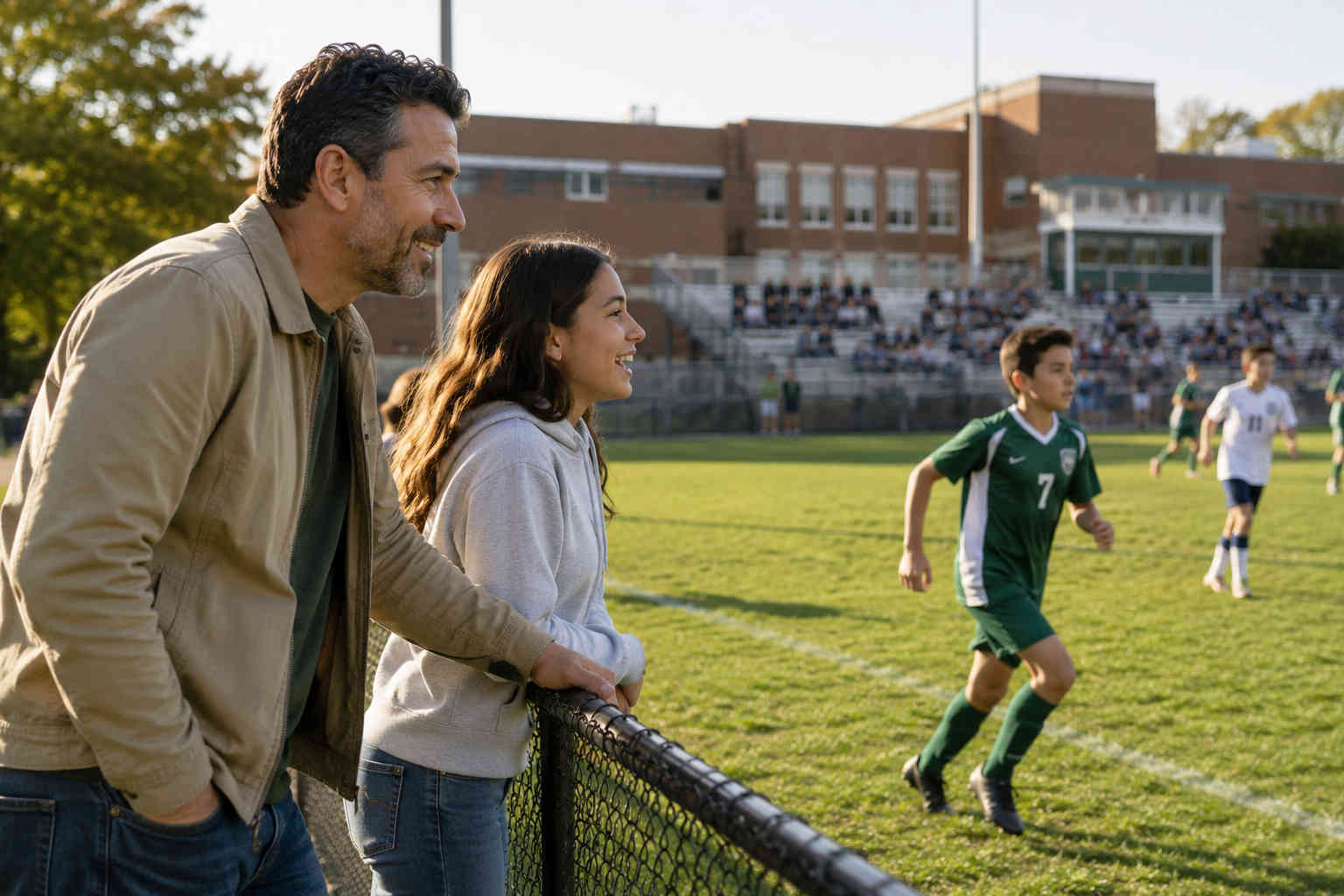 Father and teenage daughter watching his son play soccer at a nearby school field