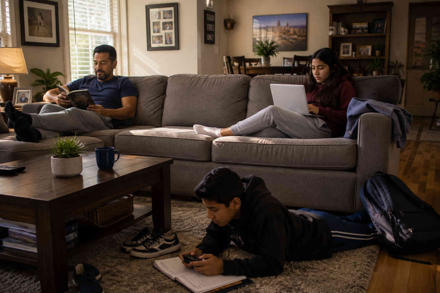 Father relaxing with a book while his daughter uses a laptop and his son plays on the floor in a comfortable lived-in living room