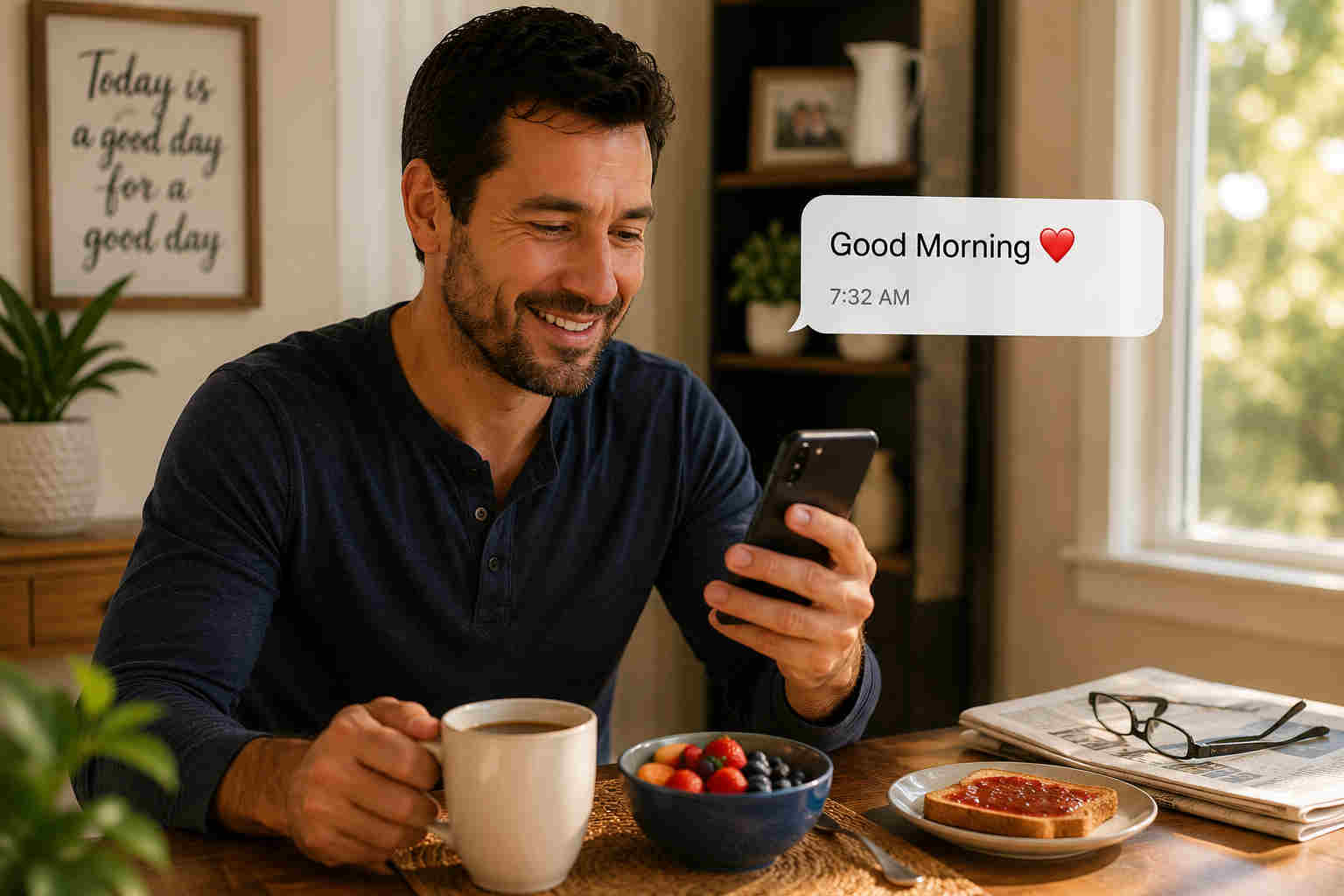 Divorced man smiling at a good morning message on his phone at breakfast